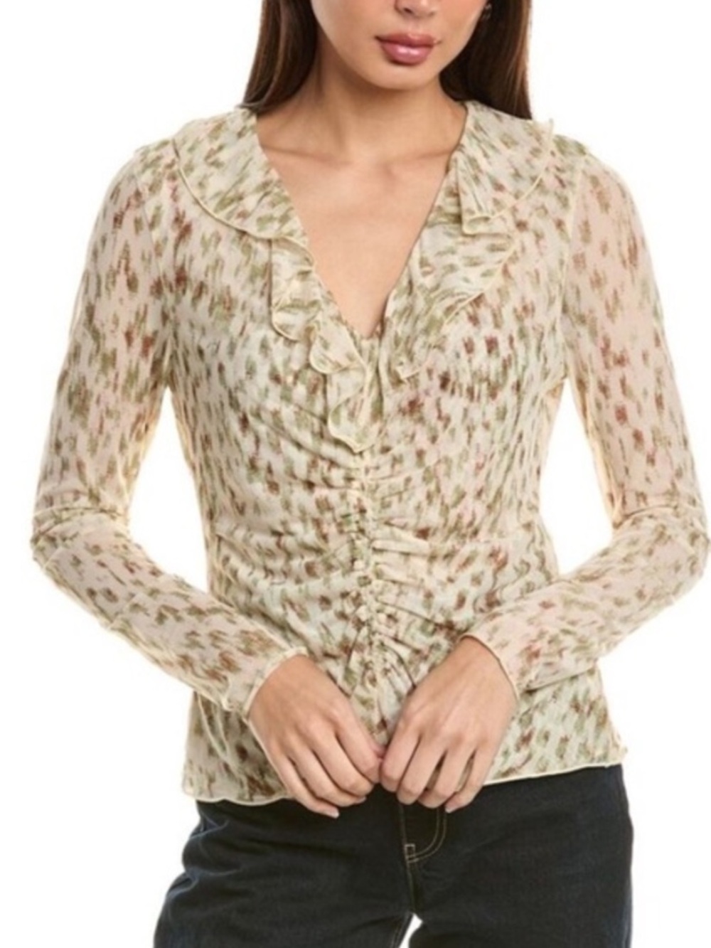 CAbi Dapple Top Cream Long-Sleeve Ruffle Ruched Blouse Olive & Brown Print - S